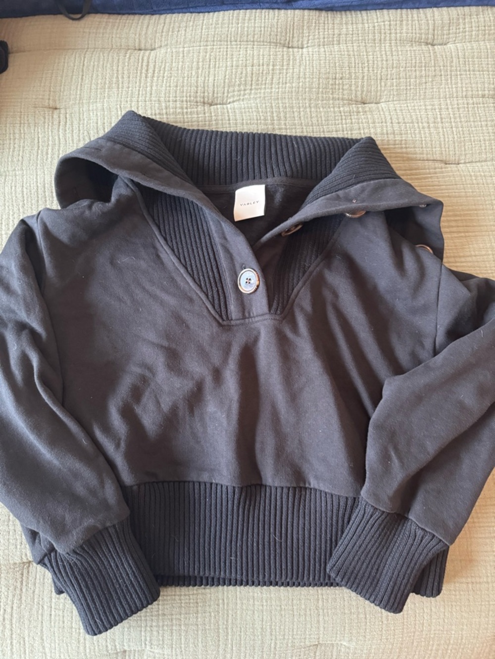 Varley Black Ribbed Cowl Button-Front Cropped Sweater